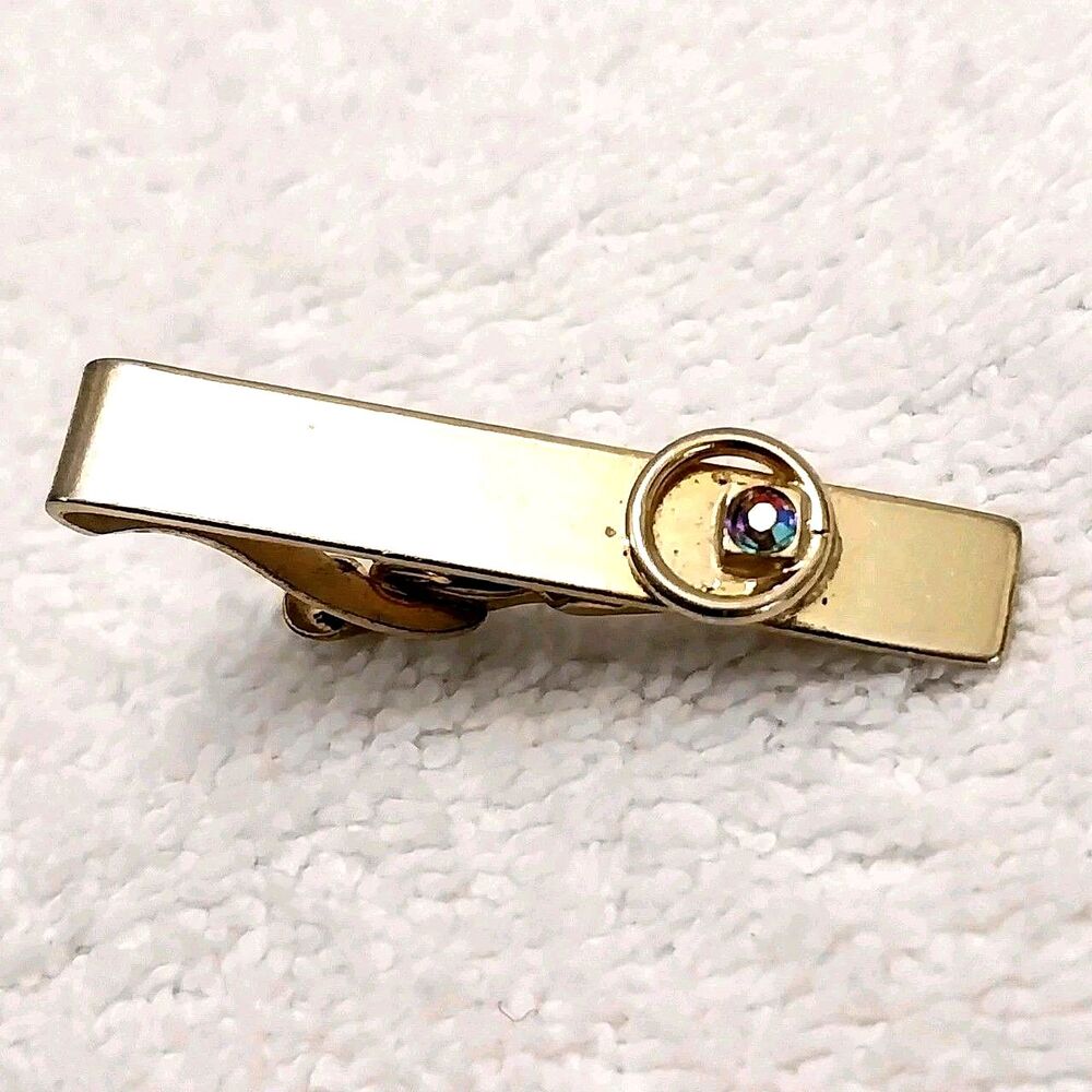 Vintage Gold Tone Tie Clip With A Sparkling Stone Accent #J317